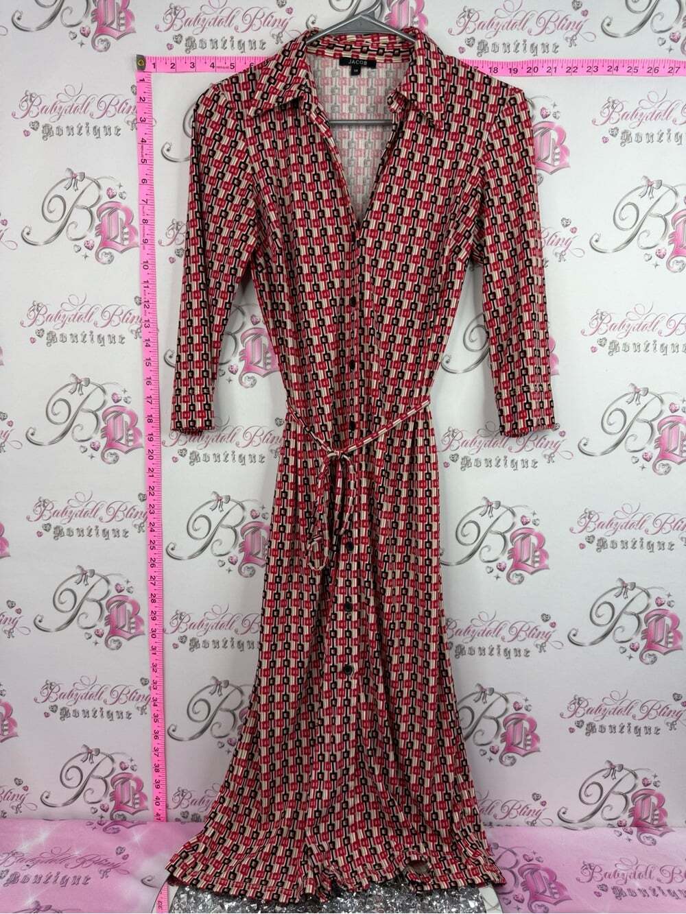 Jacob dress red Black Geometric Midi Shirt Dress with Tie Waist